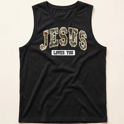 Camo print t-shirt featuring 'JESUS' in camouflage text — printed on a tank top