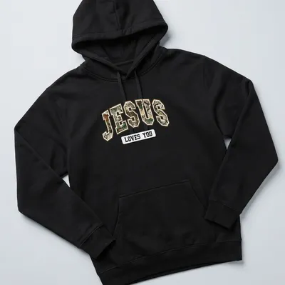 Camo print t-shirt featuring 'JESUS' in camouflage text — printed on a unisex hoodie