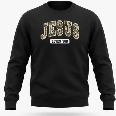 Camo print t-shirt featuring 'JESUS' in camouflage text — printed on a unisex sweatshirt