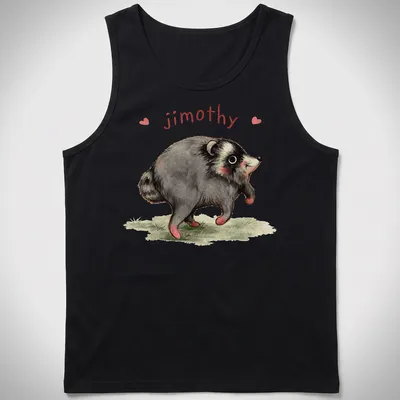 Watercolor print of a cute raccoon named Jimothy with playful text. — printed on a tank top