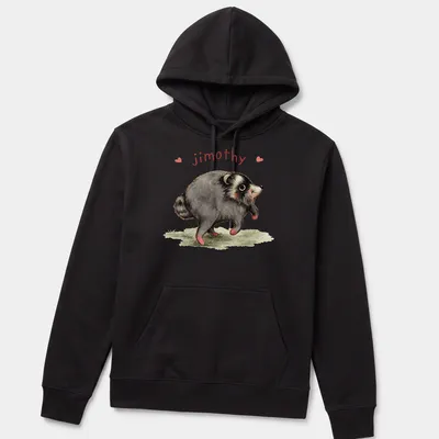 Watercolor print of a cute raccoon named Jimothy with playful text. — printed on a unisex hoodie
