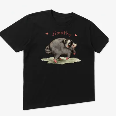 Watercolor print of a cute raccoon named Jimothy with playful text. — printed on a unisex t-shirt (angled view)