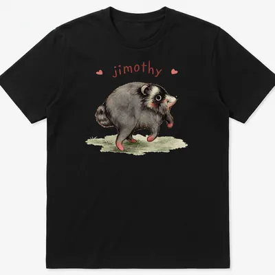 Watercolor print of a cute raccoon named Jimothy with playful text.