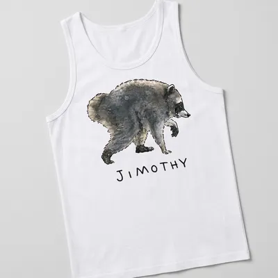 Watercolor raccoon design with playful text 'JIMOTHY' in gray and black tones. — printed on a tank top