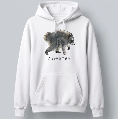 Watercolor raccoon design with playful text 'JIMOTHY' in gray and black tones. — printed on a unisex hoodie