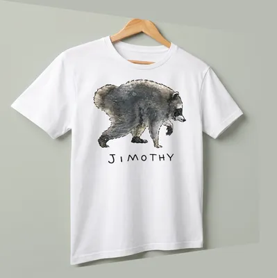 Watercolor raccoon design with playful text 'JIMOTHY' in gray and black tones. — printed on a unisex t-shirt (angled view)