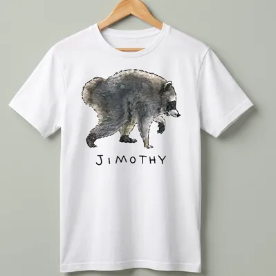 Watercolor raccoon design with playful text 'JIMOTHY' in gray and black tones.