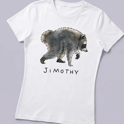 Watercolor raccoon design with playful text 'JIMOTHY' in gray and black tones. — printed on a women's shirt