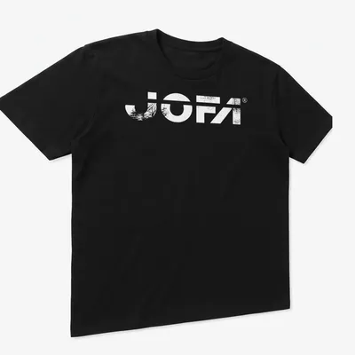 Vintage Jofa hockey equipment logo t-shirt in black and white. — printed on a unisex t-shirt (angled view)
