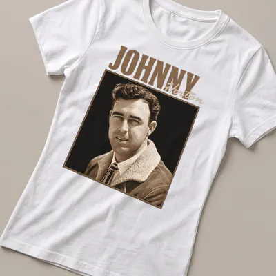 Vintage Johnny Horton t-shirt featuring a portrait in earthy tones — printed on a women's shirt