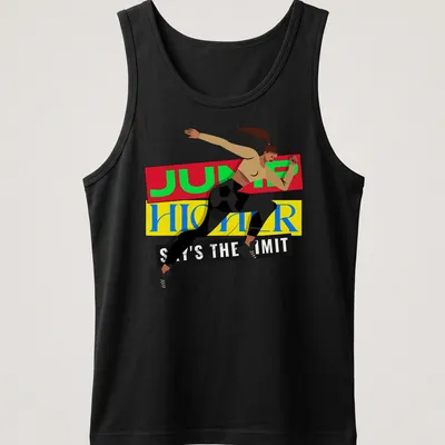Bold graphic of a female athlete jumping with motivational text in red, yellow, and blue — printed on a tank top