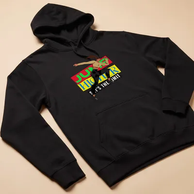 Bold graphic of a female athlete jumping with motivational text in red, yellow, and blue — printed on a unisex hoodie