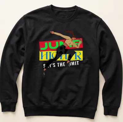 Bold graphic of a female athlete jumping with motivational text in red, yellow, and blue — printed on a unisex sweatshirt