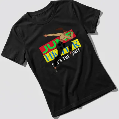 Bold graphic of a female athlete jumping with motivational text in red, yellow, and blue — printed on a women's shirt