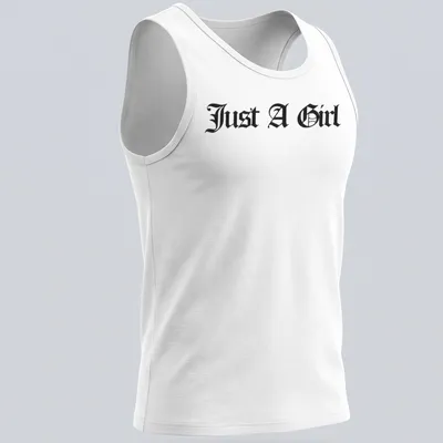 Black gothic lettering on a t-shirt reads Just A Girl — printed on a tank top