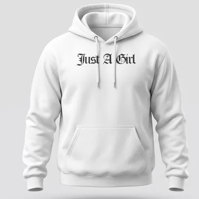 Black gothic lettering on a t-shirt reads Just A Girl — printed on a unisex hoodie