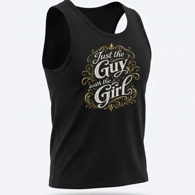 Vintage t-shirt with ornate typography 'Just the Guy with the Girl' in gold, white, and black. — printed on a tank top