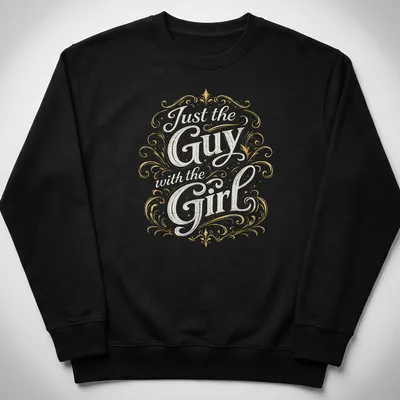 Vintage t-shirt with ornate typography 'Just the Guy with the Girl' in gold, white, and black. — printed on a unisex sweatshirt