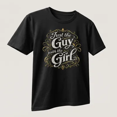 Vintage t-shirt with ornate typography 'Just the Guy with the Girl' in gold, white, and black. — printed on a unisex t-shirt (angled view)