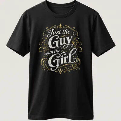 Vintage t-shirt with ornate typography 'Just the Guy with the Girl' in gold, white, and black.