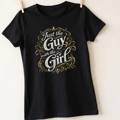 Vintage t-shirt with ornate typography 'Just the Guy with the Girl' in gold, white, and black. — printed on a women's shirt
