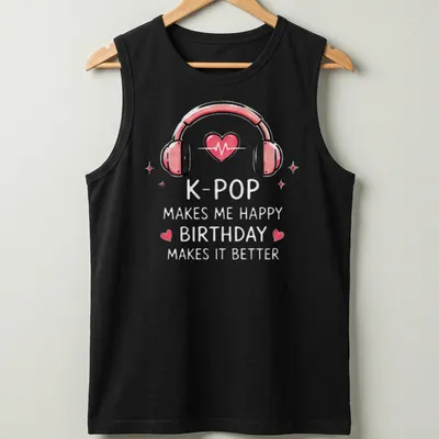 Cute graphic T-shirt featuring headphones with hearts and colorful birthday text — printed on a tank top