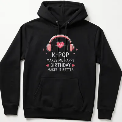 Cute graphic T-shirt featuring headphones with hearts and colorful birthday text — printed on a unisex hoodie