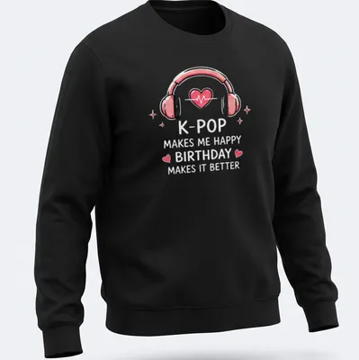Cute graphic T-shirt featuring headphones with hearts and colorful birthday text — printed on a unisex sweatshirt