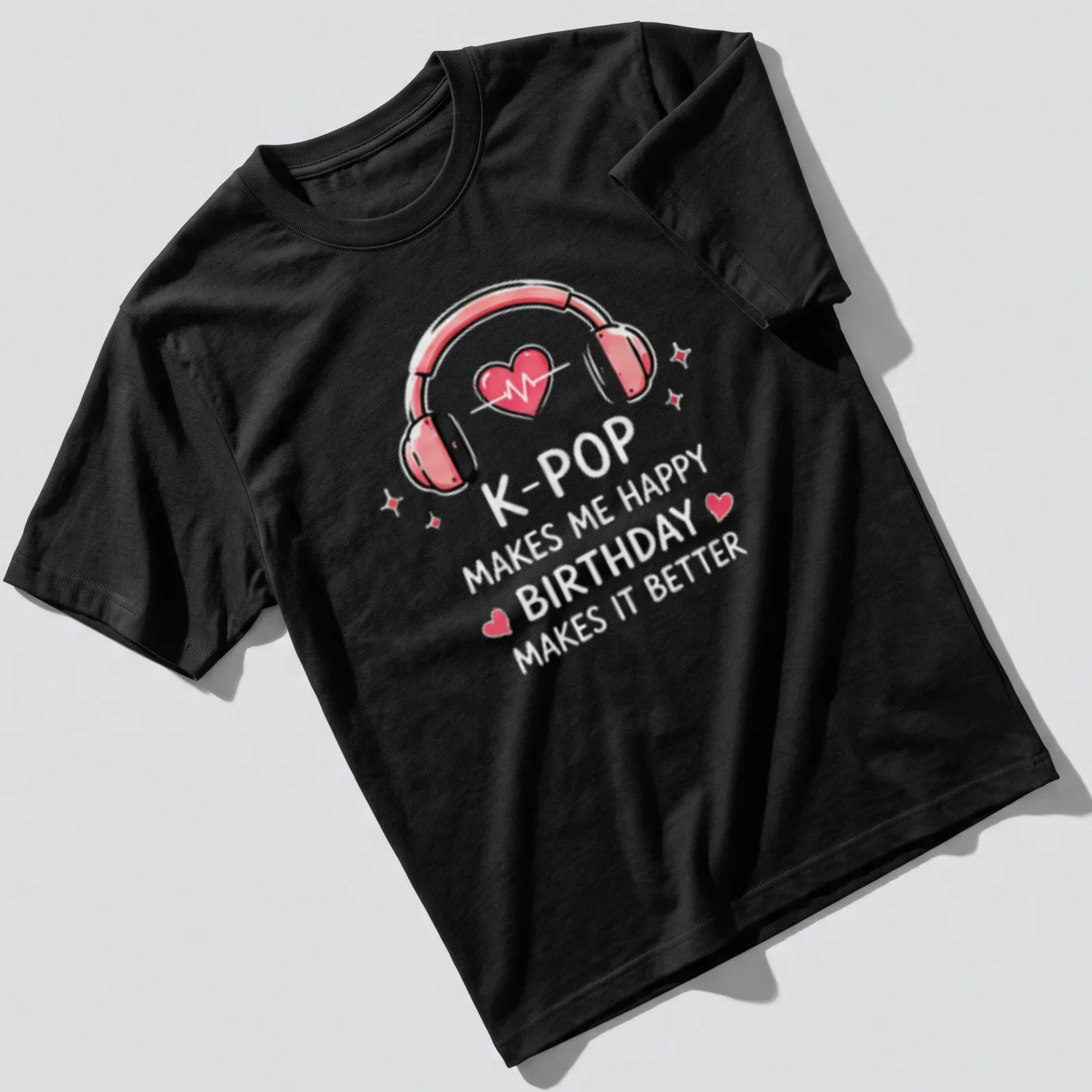 Cute graphic T-shirt featuring headphones with hearts and colorful birthday text — printed on a unisex t-shirt