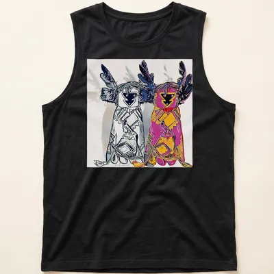 Pop art t-shirt featuring Kachina dolls and bold typography in various colors — printed on a tank top
