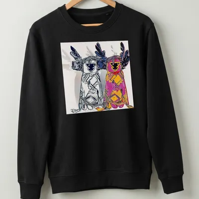 Pop art t-shirt featuring Kachina dolls and bold typography in various colors — printed on a unisex sweatshirt