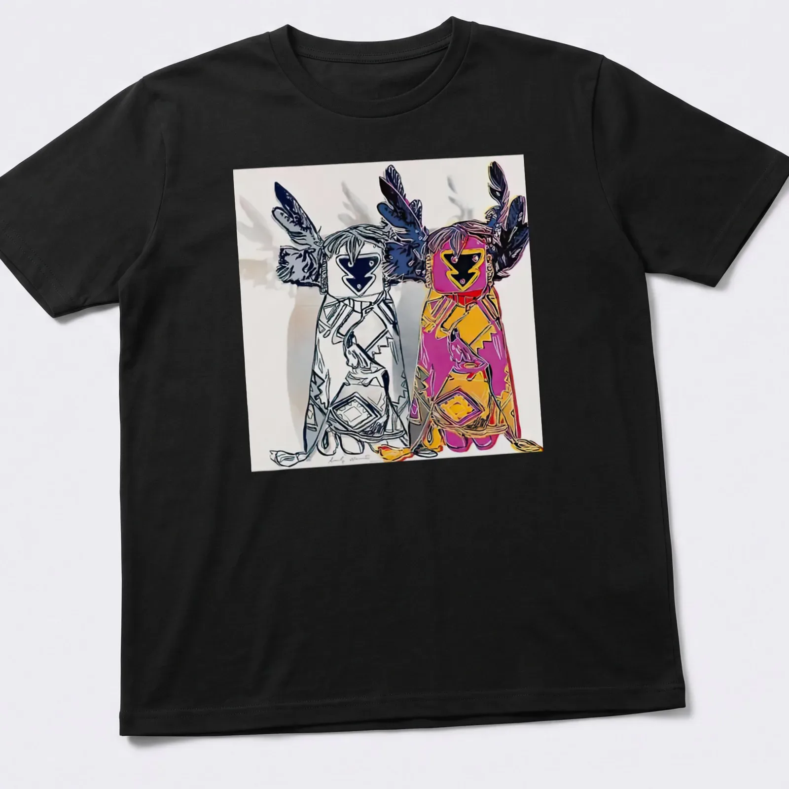 Pop art t-shirt featuring Kachina dolls and bold typography in various colors — printed on a unisex t-shirt