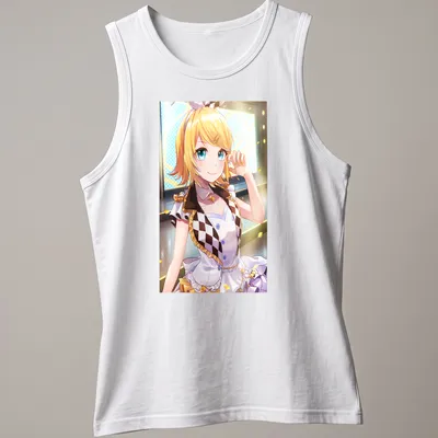Anime illustration of Kagamine Rin with yellow hair and blue accents — printed on a tank top