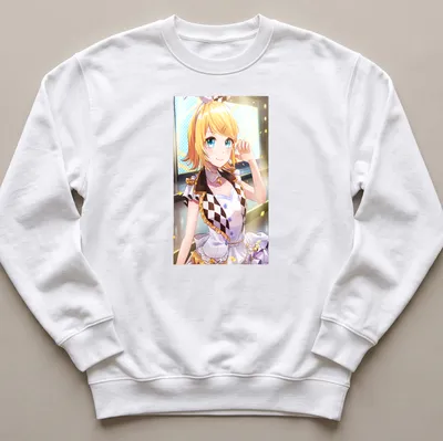 Anime illustration of Kagamine Rin with yellow hair and blue accents — printed on a unisex sweatshirt