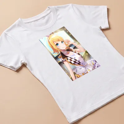 Anime illustration of Kagamine Rin with yellow hair and blue accents — printed on a women's shirt