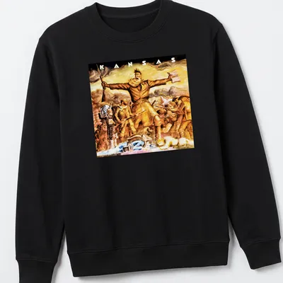 Vintage painting of a Kansas pioneer with a rifle and book in natural colors — printed on a unisex sweatshirt