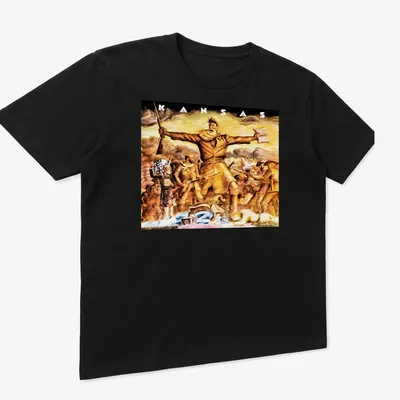 Vintage painting of a Kansas pioneer with a rifle and book in natural colors — printed on a unisex t-shirt (angled view)