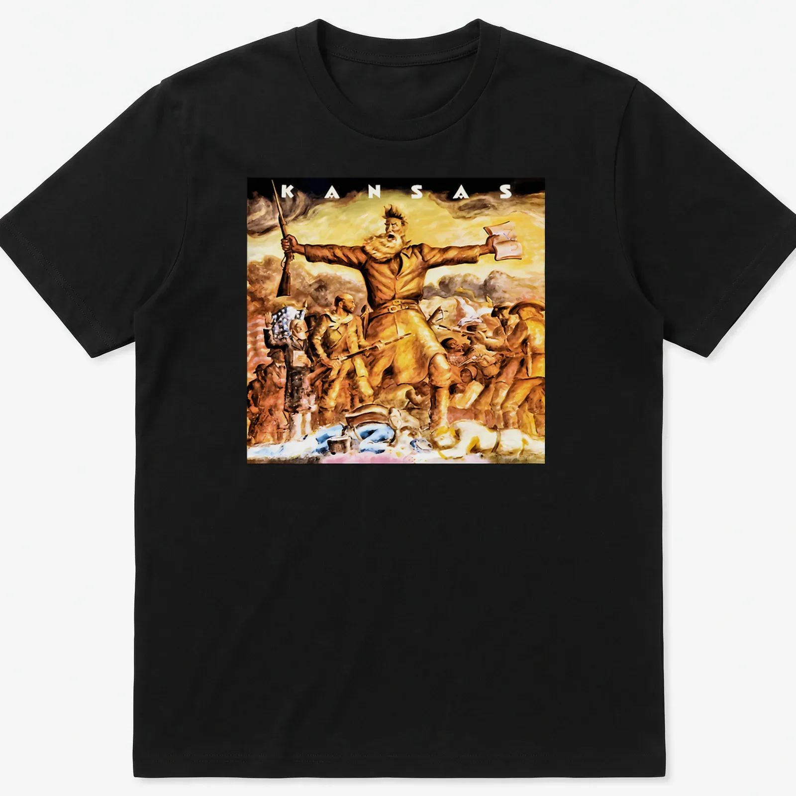 Vintage painting of a Kansas pioneer with a rifle and book in natural colors — printed on a unisex t-shirt
