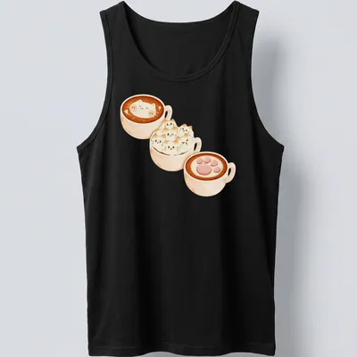 Kawaii print of cat lattes in cozy coffee cups with frothy artwork — printed on a tank top