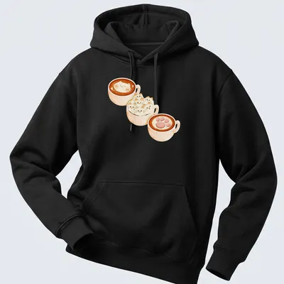 Kawaii print of cat lattes in cozy coffee cups with frothy artwork — printed on a unisex hoodie