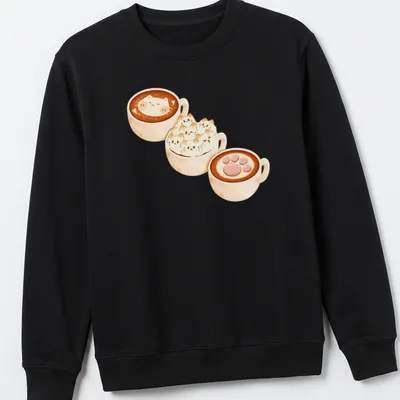 Kawaii print of cat lattes in cozy coffee cups with frothy artwork — printed on a unisex sweatshirt