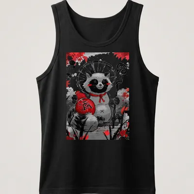 Kawaii raccoon illustration with sake bottle and Japanese character on — printed on a tank top
