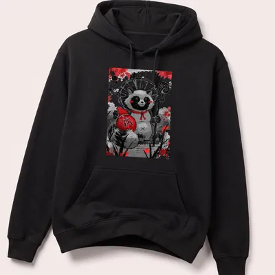 Kawaii raccoon illustration with sake bottle and Japanese character on — printed on a unisex hoodie