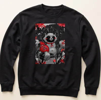 Kawaii raccoon illustration with sake bottle and Japanese character on — printed on a unisex sweatshirt