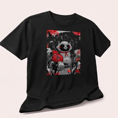 Kawaii raccoon illustration with sake bottle and Japanese character on — printed on a unisex t-shirt (angled view)