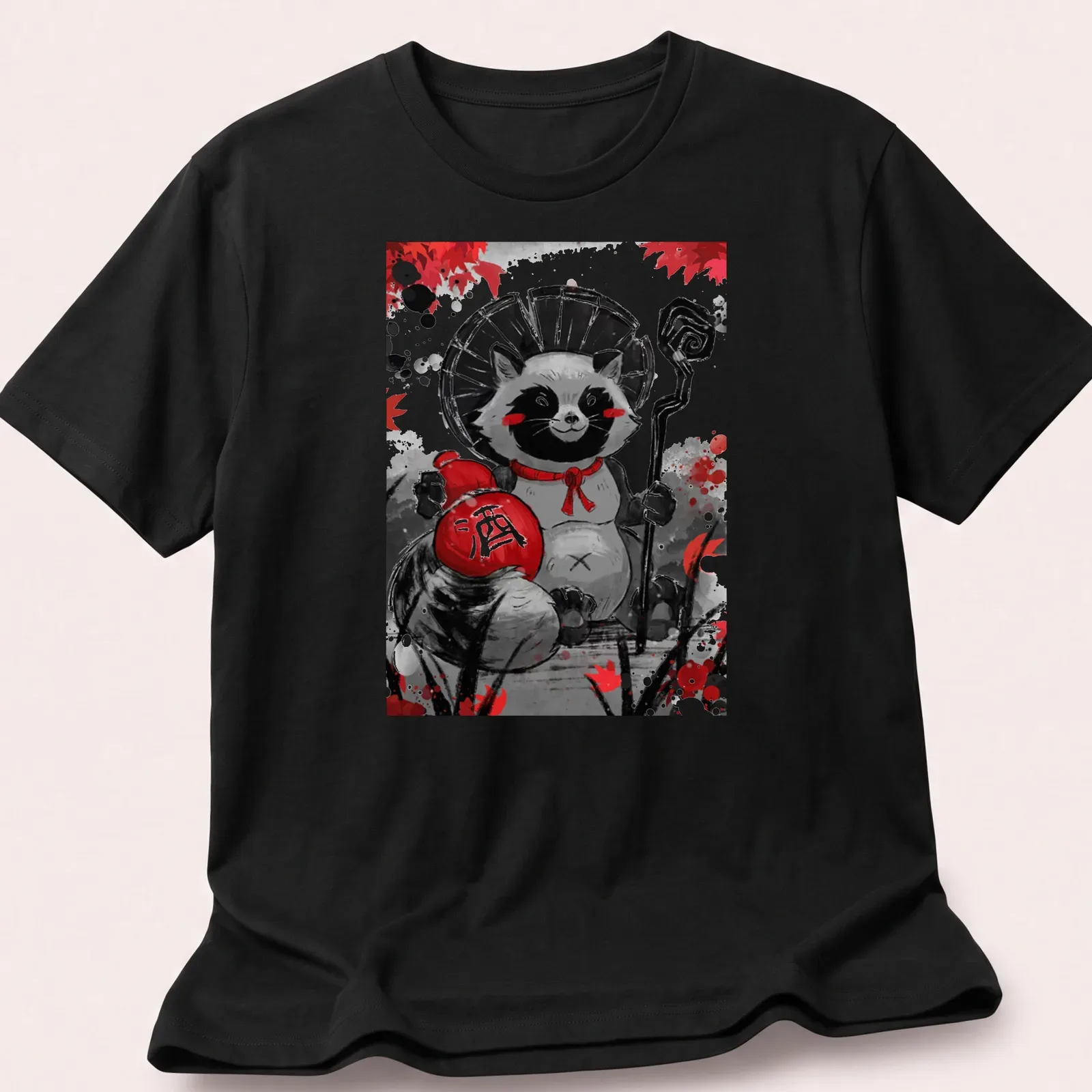 Kawaii raccoon illustration with sake bottle and Japanese character on — printed on a unisex t-shirt