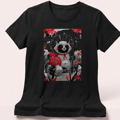 Kawaii raccoon illustration with sake bottle and Japanese character on — printed on a women's shirt