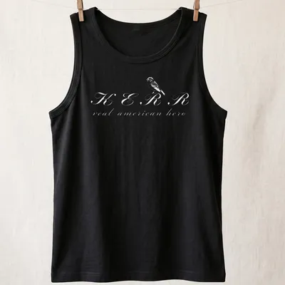 Simple line-art depiction of a bird with text KERR real american hero in white — printed on a tank top