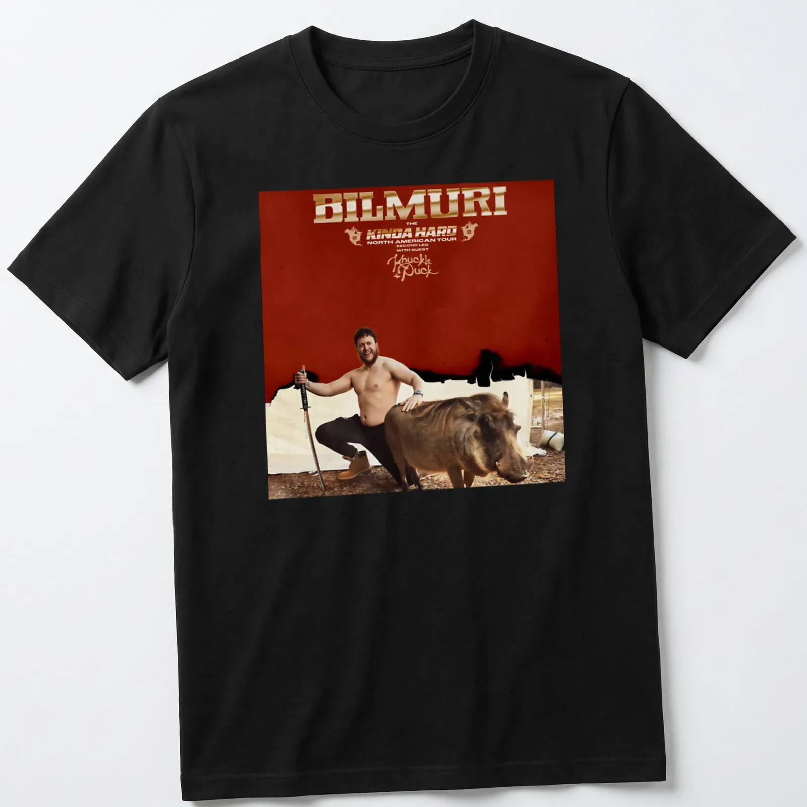 Bold typography shirt featuring a man with a pig for the Bilmuri tour. — printed on a unisex t-shirt