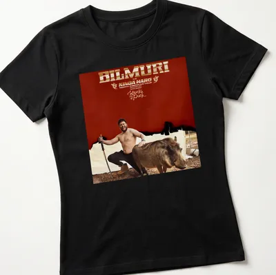 Bold typography shirt featuring a man with a pig for the Bilmuri tour. — printed on a women's shirt